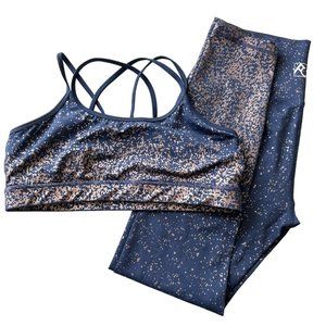 Fit Couture Leggings Sports Bra Womens Large Navy Blue Gold Metallic Athleisure